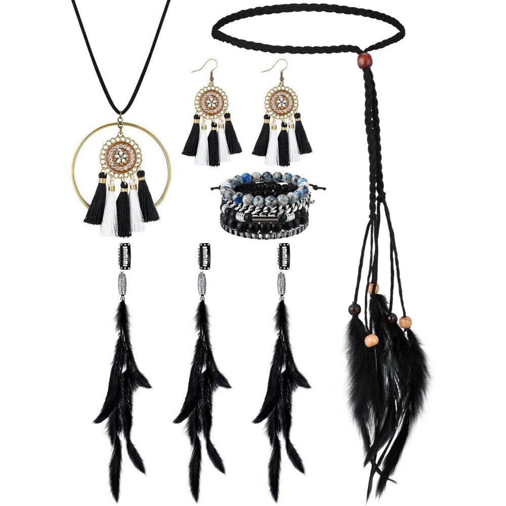 Boho Hair Accessories Set Feather Clips Headband Necklace Earrings Bracelet Wome